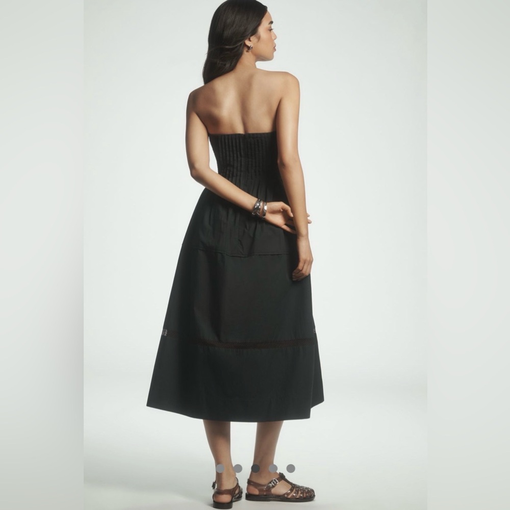 Anthropologie Black Cotton Poplin Strapless Smocked Pintuck Midi Dress - Medium - Picture 2 of 16